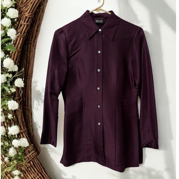NY & Co Quiet Luxury Silk Button-Up Tunic Top with Deep Side Slits Size Small - Picture 1 of 9